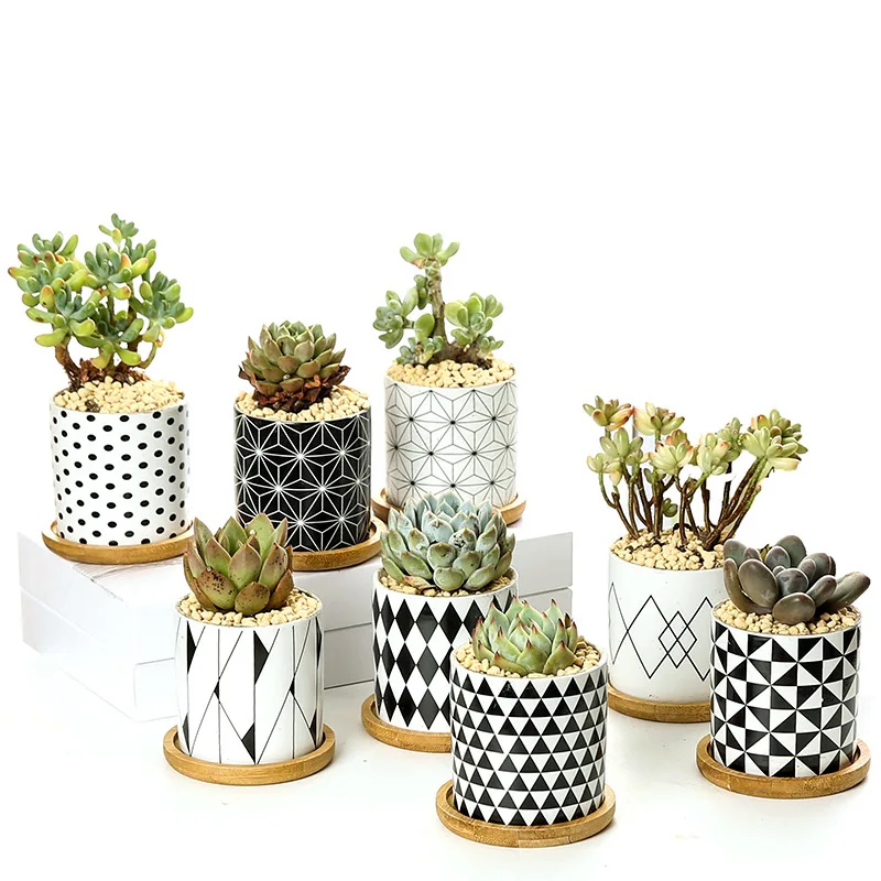 Nordic geometric design ceramic flower pot straight cylinder black and white home decoration succulent flower pot