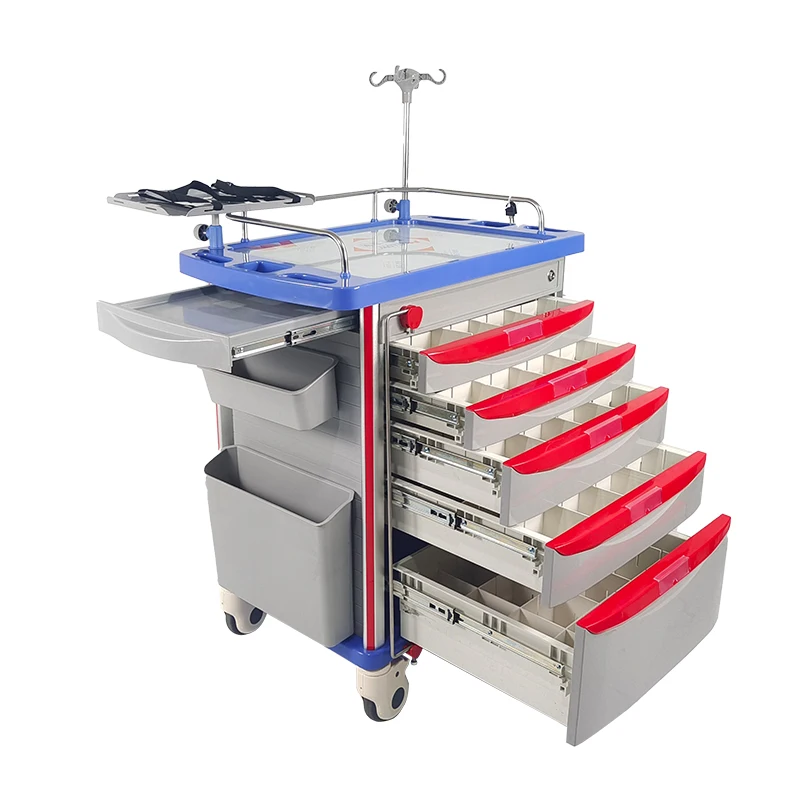 Factory Price ABS Plastic Hospital Nursing Crash Cart Emergency Medicine Trolley with 5 Drawers and CPR Board