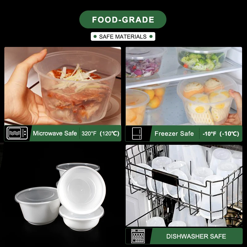 Disposable Plastic White Round Takeaway Fruit Salad Soup Food Bowl Container With Lid