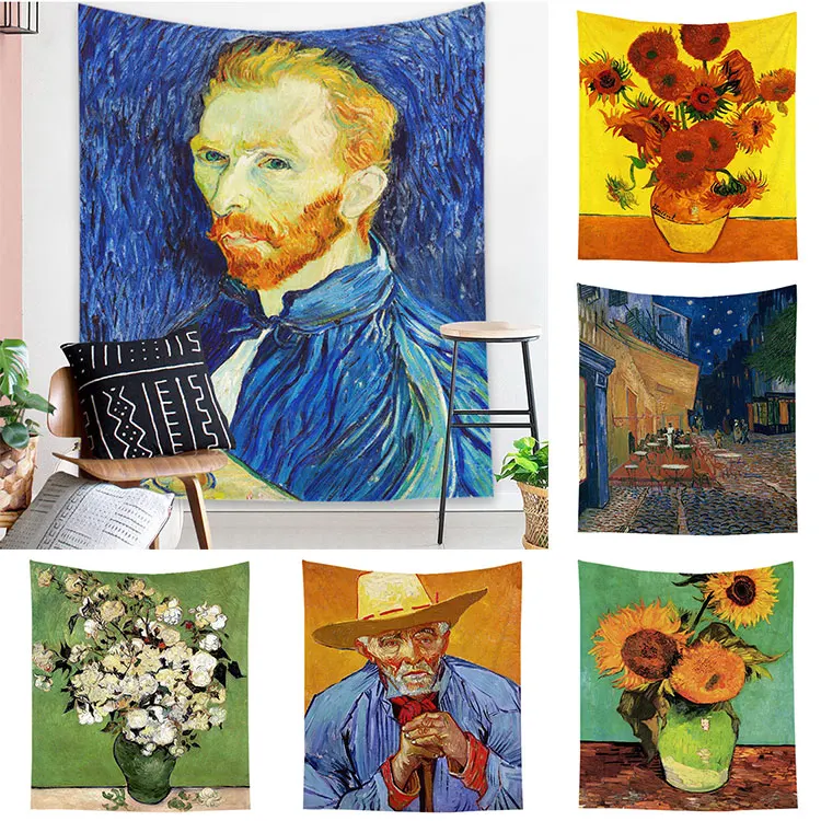 Aesthetic Flowers Oil Painting Customized 100% Polyester Tapestries Wall Hanging Van Gogh Tapestry