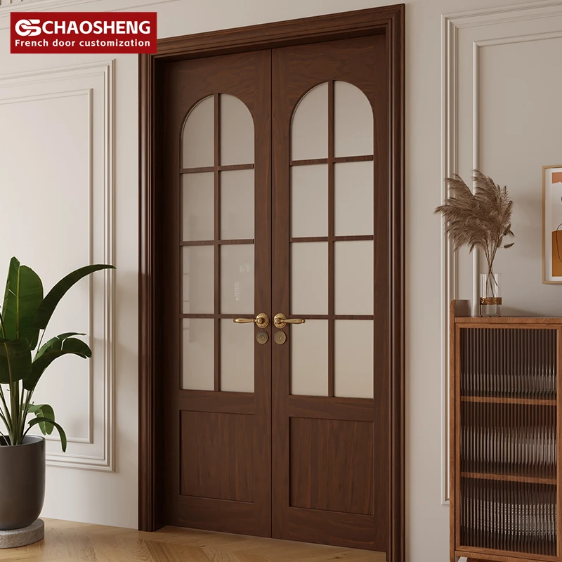 Interior arc arch glass swing door solid wood paint French study pair double-door