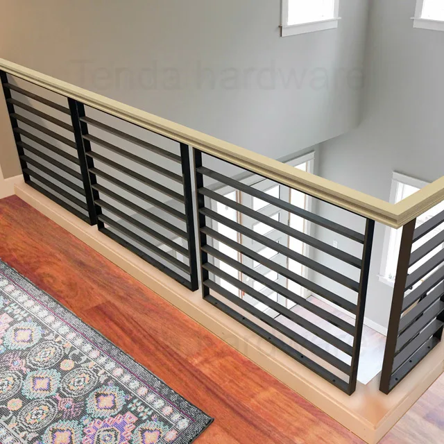 indoor stair metal railing with top wood handrail