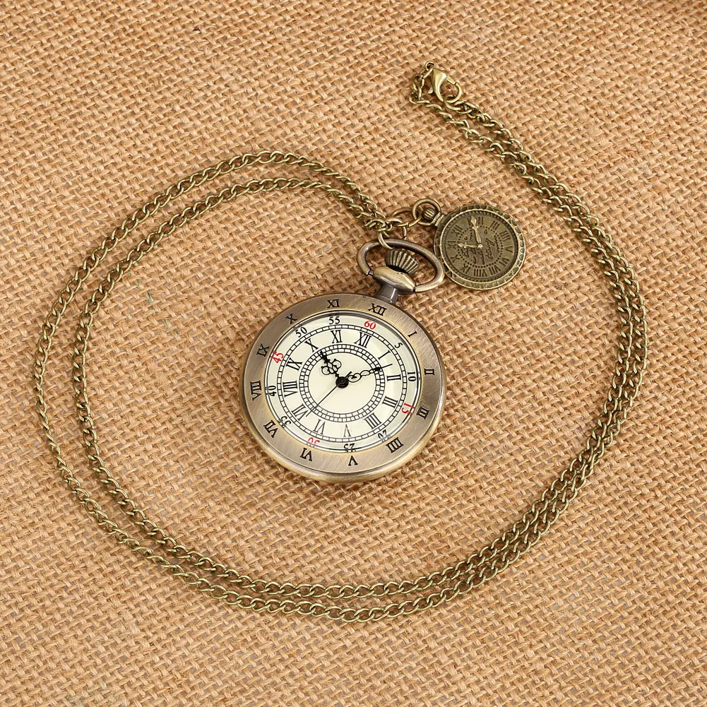 Souvenir Gift Roman Numeral Double Time Zone Dial Vintage Bronze Men Pocket Watch with Necklace Pendant Chain