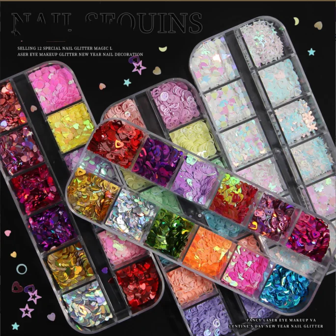 Оптовая продажа, 8 дизайнов ногтей, 12 ячеек/комплектов, лазерные блестки для ногтей в форме Дня Святого Валентина, макияж глаз
