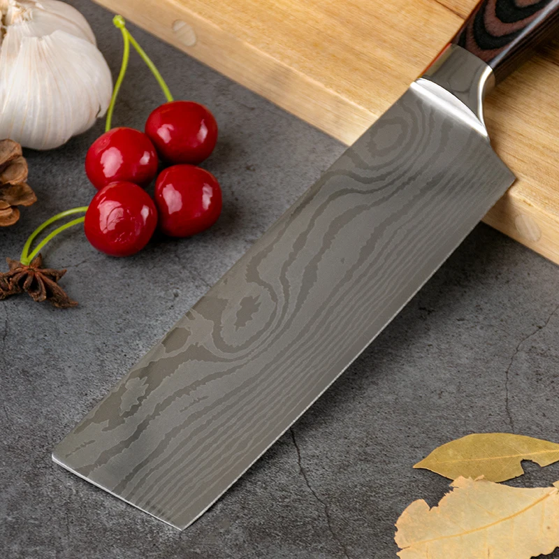 Набор кухонных ножей из японской нержавеющей стали Pakka с деревянной ручкой и Дамасским лазерным узором, 5 шт.