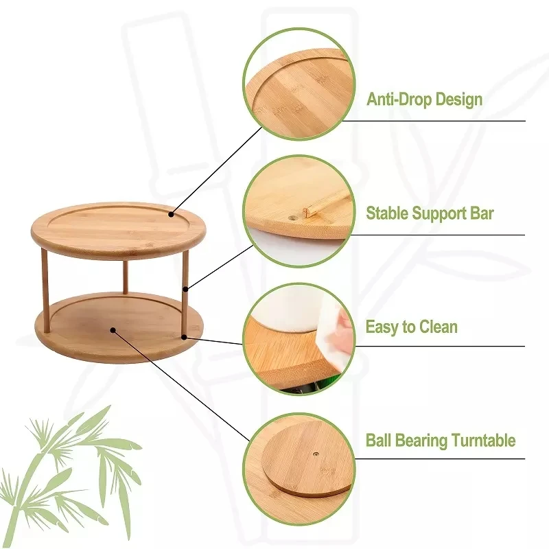 Free samples 2 Tier Lazy Susan Wooden Turntable Tray for Food Serving Best Kitchen Organizer Spice and Snacks