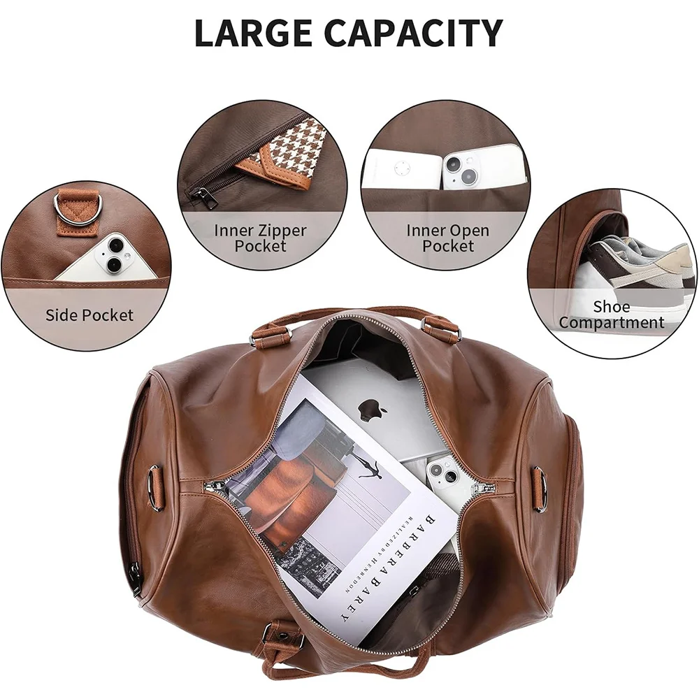 Waterproof Rolling Duffel Bags with Removable Rollers Carry on PU Leather Bags Luggage Travel Bag for Men and Women Black