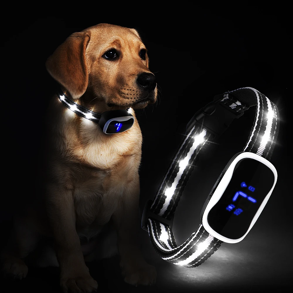 Dog Led Light Up No Bark Collar Rechargeable Waterproof Static Shock Vibration Anti-bark Collar with Digital Display