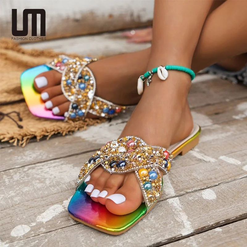 Liu Ming Luxury Fashion 2024 Summer New Style Women Casual Rhinestone Beach Shoes Outdoor Square Toe Flat Slippers