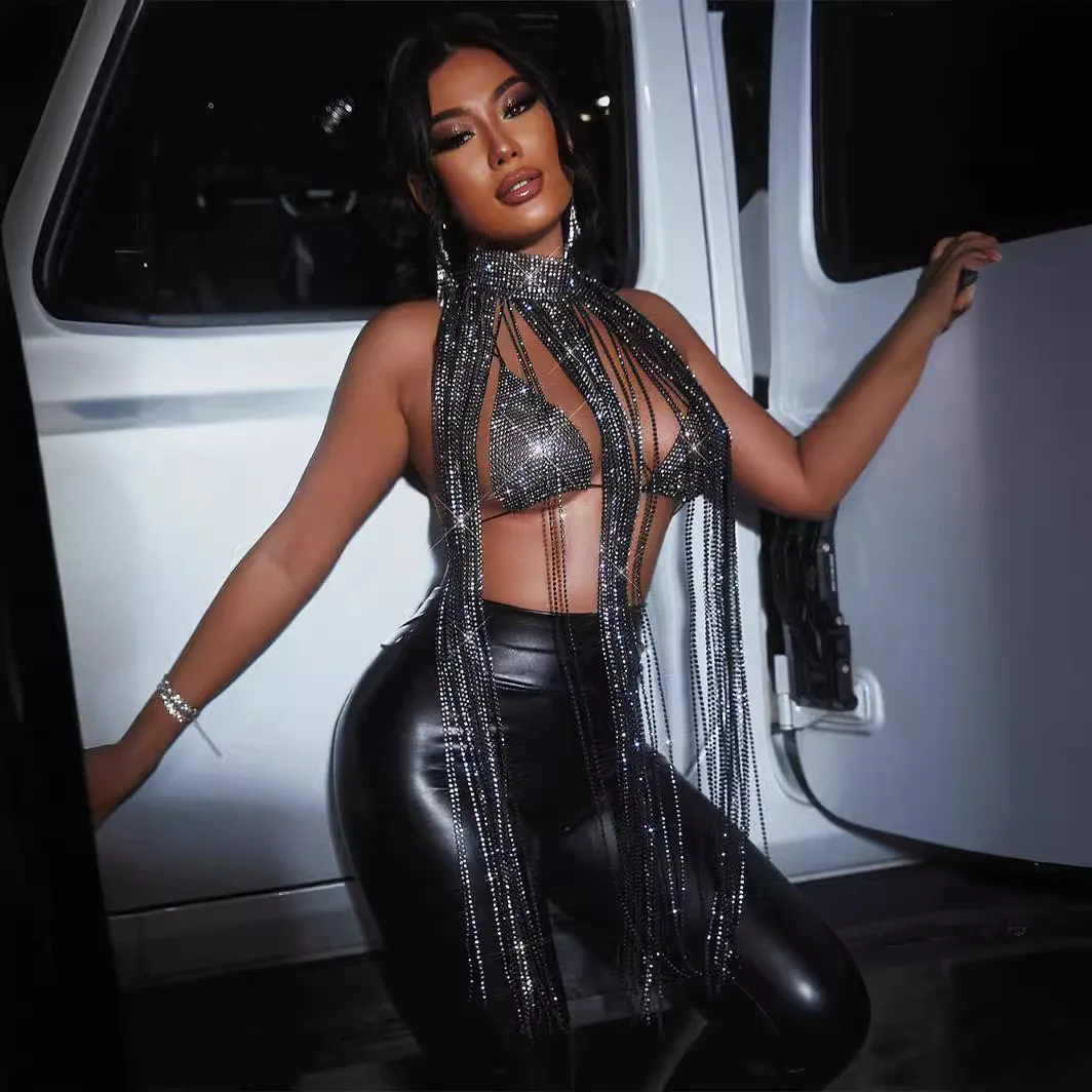 Crystal Bikini Fashion Streetwear Custom Shiny Glitter Long Tassel Rhinestone Body Bra Chain Jewelry And Bra Top Set