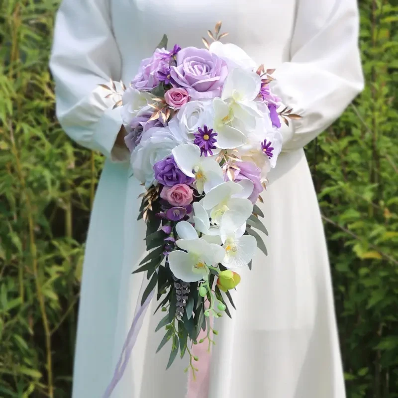 SPH029 Custom Forest Style Artificial Wedding White Purple Water Drops Holding Flowers Wedding Bride Holding Bridal Bouquet