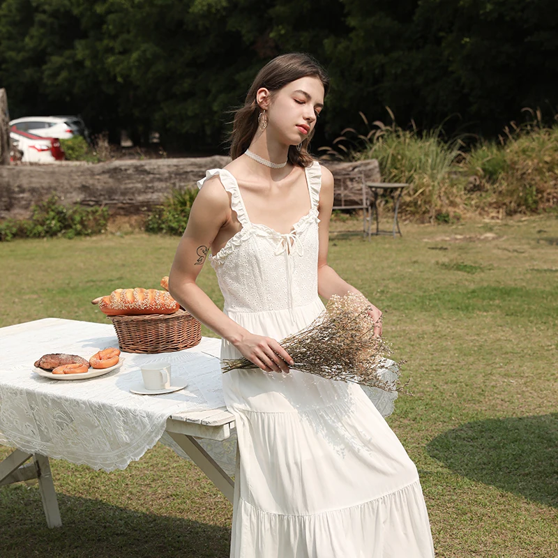 Ruffled Detail White Midi Dress Summer Vacation Style Casual Tiered Dress Custom