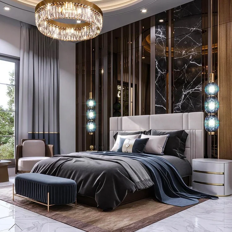 Wholesale full set single twin queen king size bedroom furniture linen fabric bed for Modern 5 star hotel