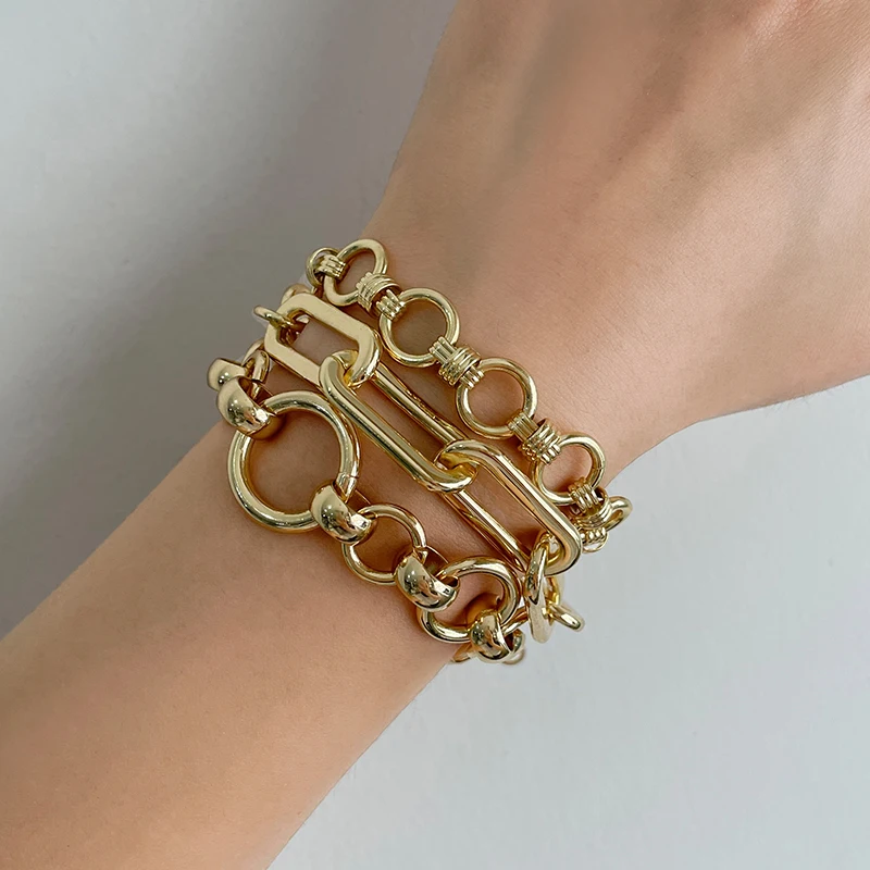 KJ fashion women coarse gold chain bracelet copper accessories coarse Cuban chain stacking bracelet jewelry