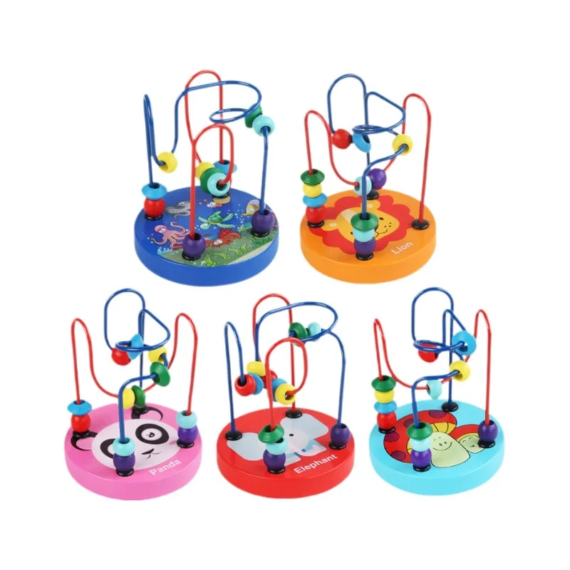 New wooden mini Cartoon beads wire roller maze toys colorful wooden educational circle bead maze toys for baby toddler Kids CE