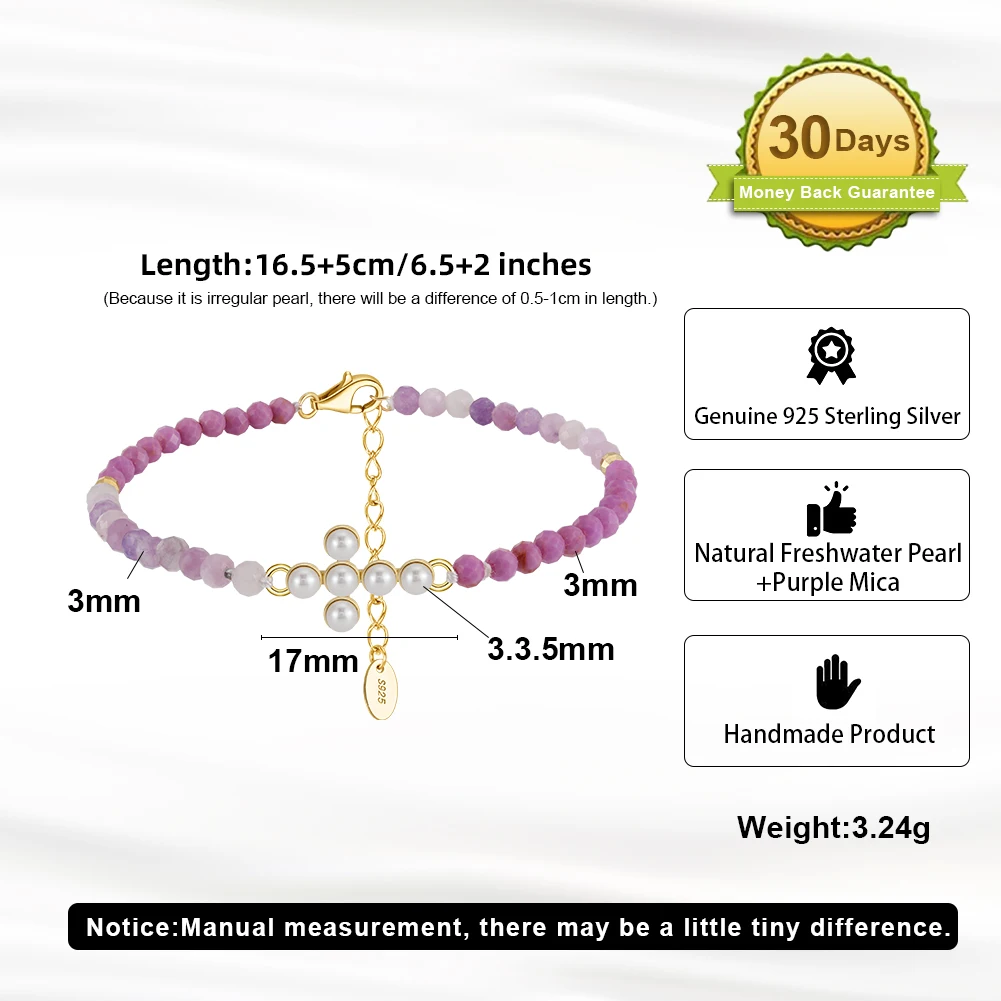 MPB10 RINNTIN Gold Cross Bracelet 925 Sterling Silver Adjustable Natural Freshwater Pearl Purple Mica Bracelet for Women