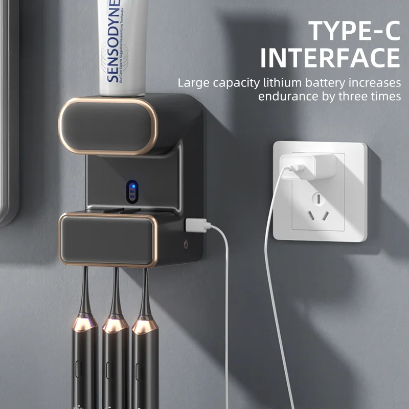 WF Customized Automatic Toothpaste Dispenser with 3 disinfect Toothbrush Slots, Auto Toothpaste Dispenser with Sensor for Family