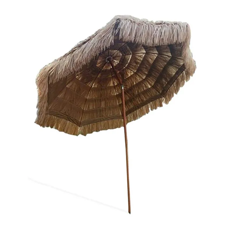 High Quality 7 FT Outdoor Parasol Thatch Roof Straw Umbrella With Tilt Raffia Beach Umbrella