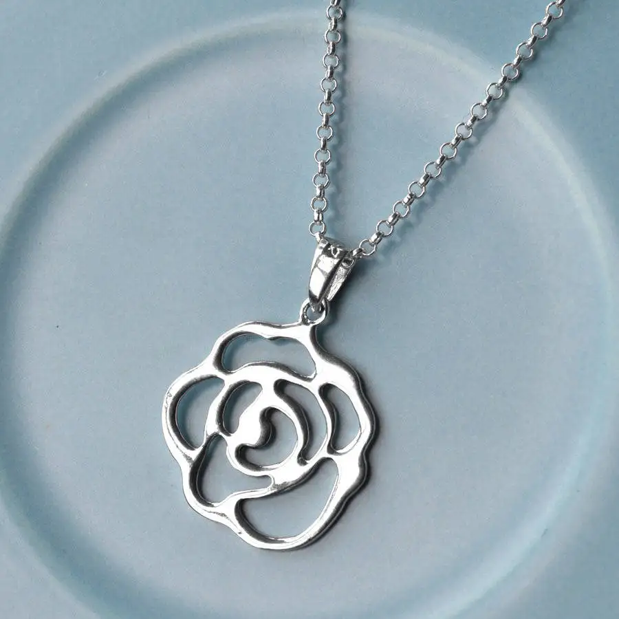Wholesale high quality rose quartz flower charms necklace 18k 925 Sterling Silver Rose Necklace