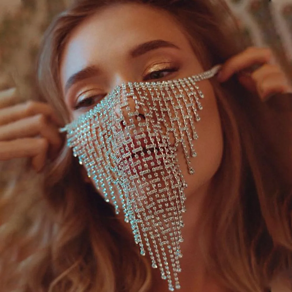 Stonefans Rhinestone Tassel Face Chain Jewelry for Women Simple Mesh Crystal Mask for Face Accessories Dance Festival