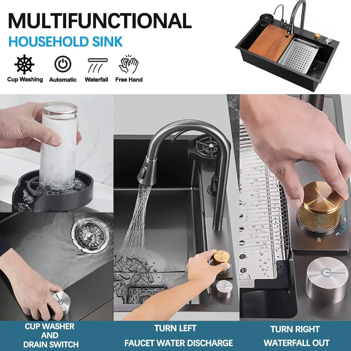 Multifunction Welding Square Modern Stainless Steel Kitchen Sinks Faucet Waterfall Kitchen Sink