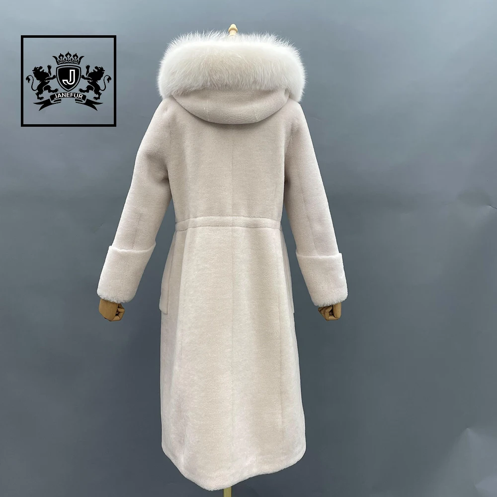 White Pearl Button Lamb Fur Coat Girls Winter Hooded Long Shearing Coat