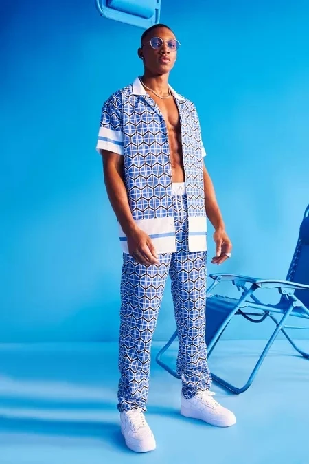 KY New Design Hot Sale OVERSIZED TEXTURED All Over Print Button Up Printing Casual Shirt AND Side Pocket Trouser Men SET