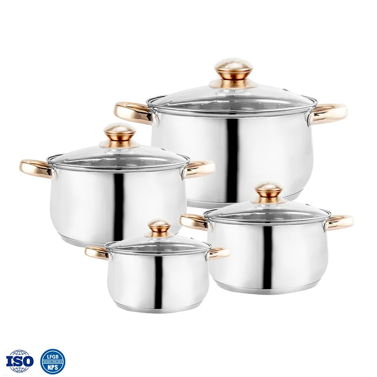 Supply Amazon wholesale 8pcs golden plated handles stainless steel cookware set for gas burner induction cooker cooking pot set