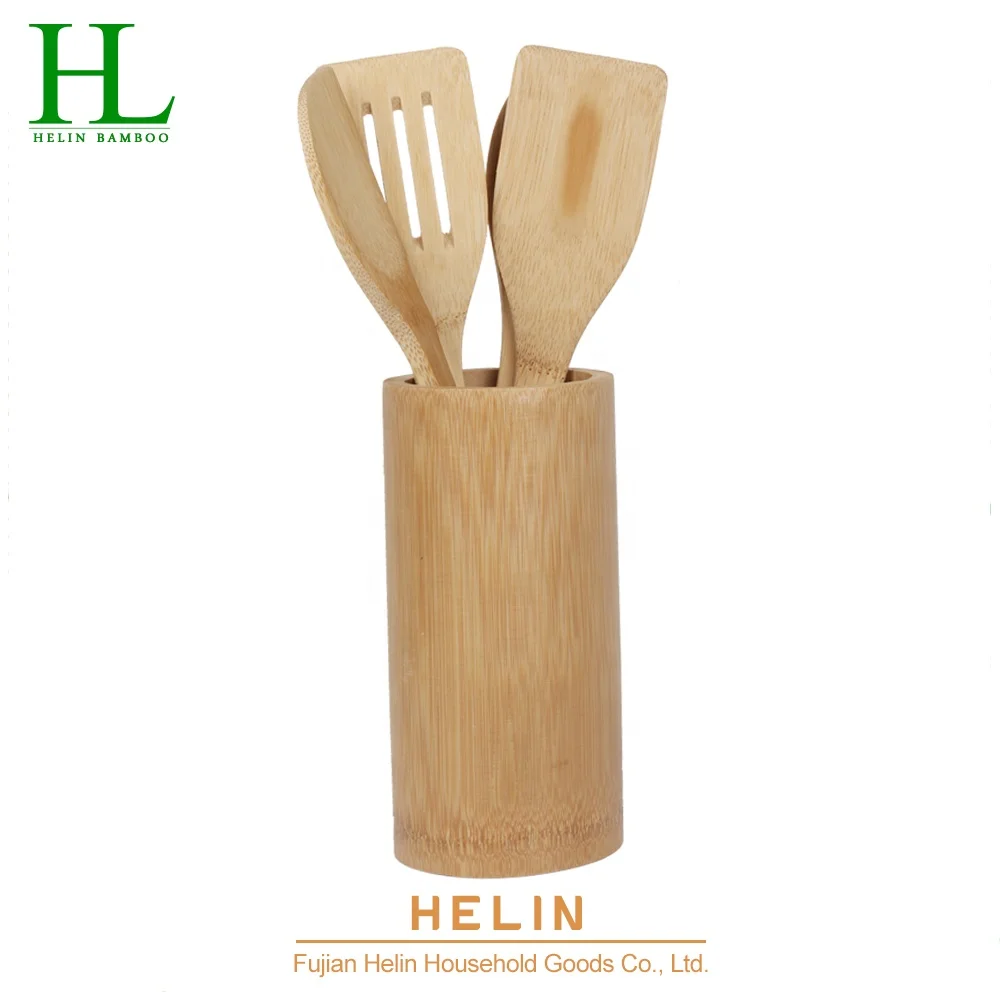 6 Pieces Bamboo kitchen utensils set with holder utensil holder kitchen
