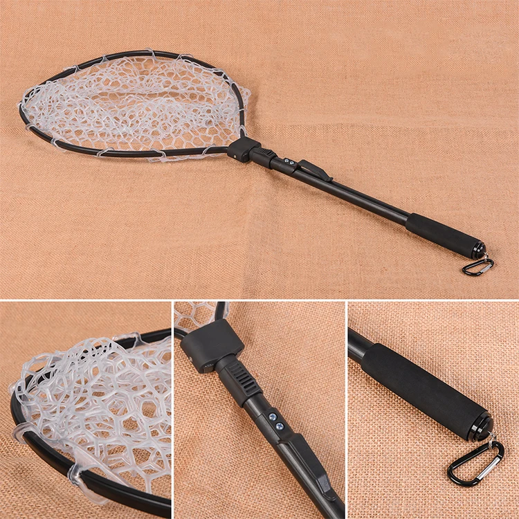 4 Size Red/blue Hot Sale Round Stainless Steel Frame Collapsible Rubber Coated Mesh Fishing Landing Net