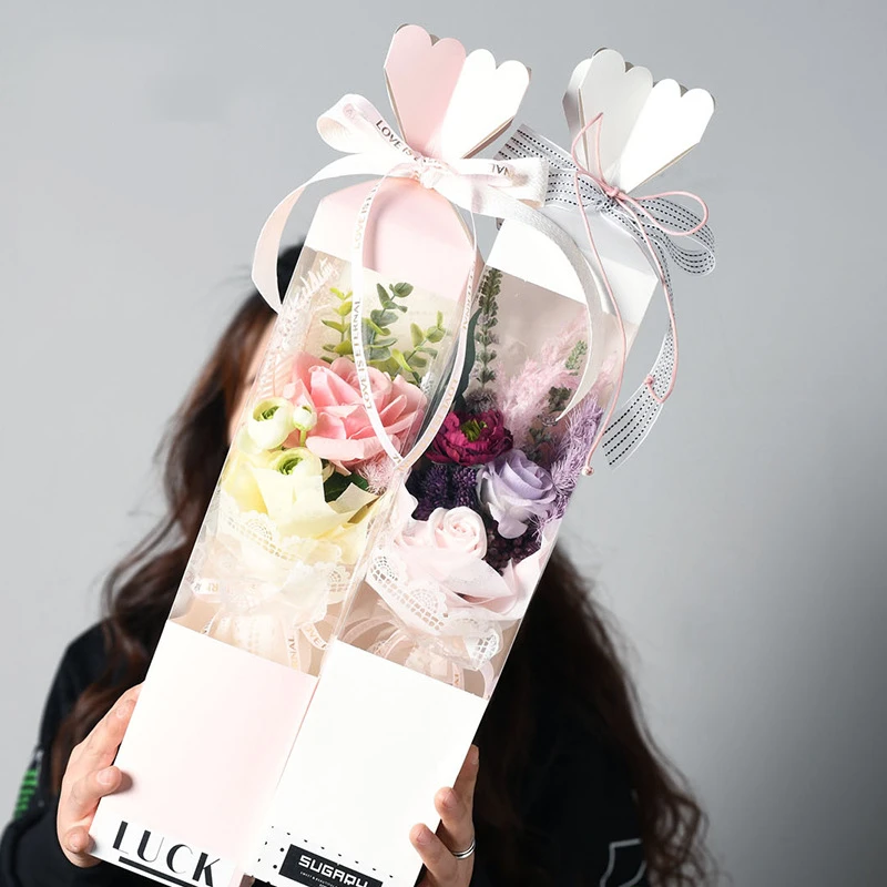 Handhold tall bouquet packaging box paper foldable fold candy shape flower rose bouquet packaging for A bunch of flower window