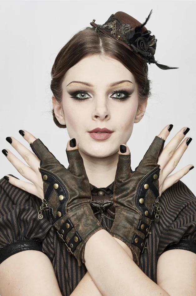 GE014 devil fashion steampunk brown 7-shaped gear decoration nailed sexy women leather gloves