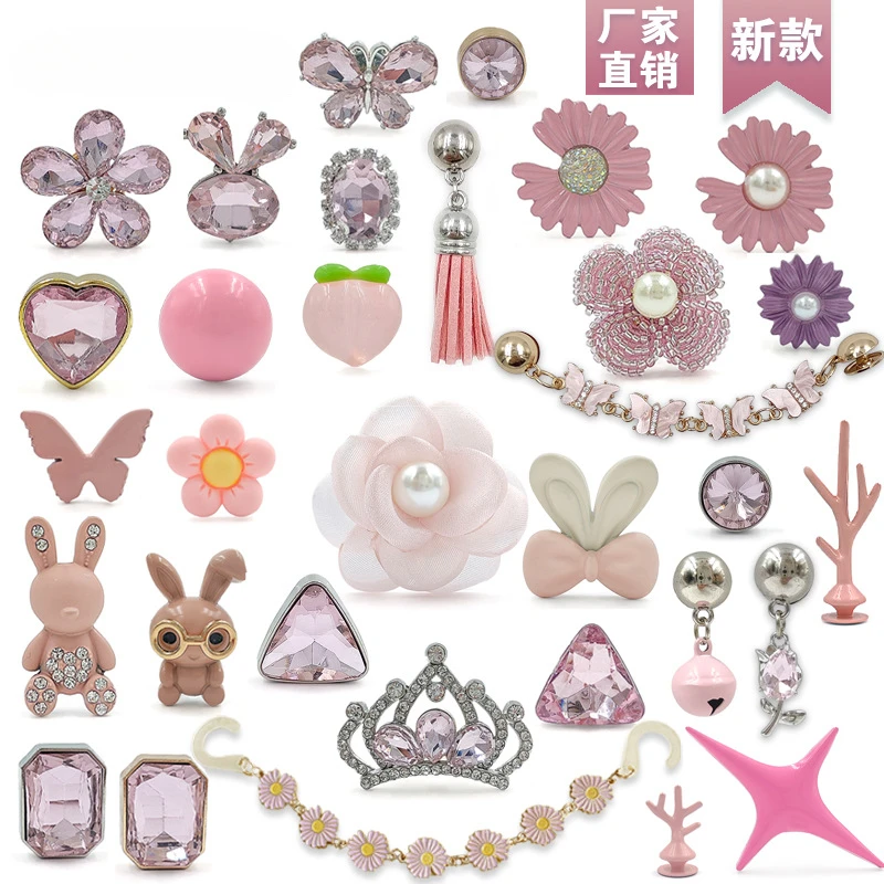 Pink Girl Heart DIY Hole Shoes Accessory Set Flower Bear Rhinestone Buckle