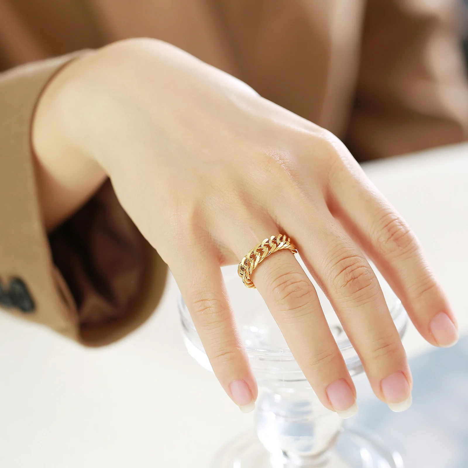 Luxury Fashion Diamond Finger Custom Tungsten 18K Gold Plated Silver Stainless Steel Jewelry Women Men Gold Link Chain Ring