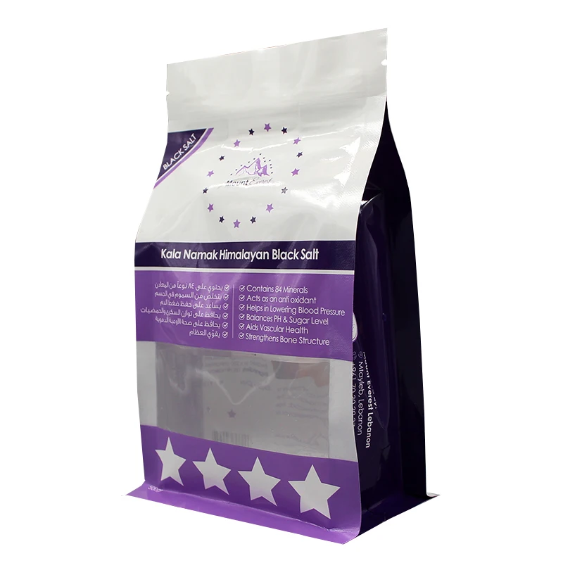 Custom Size Eight-Side Sealing Stand-Up Zipper Top Bags Flat Bottom with Window Valve Nuts for Tea Soda Food Beverages