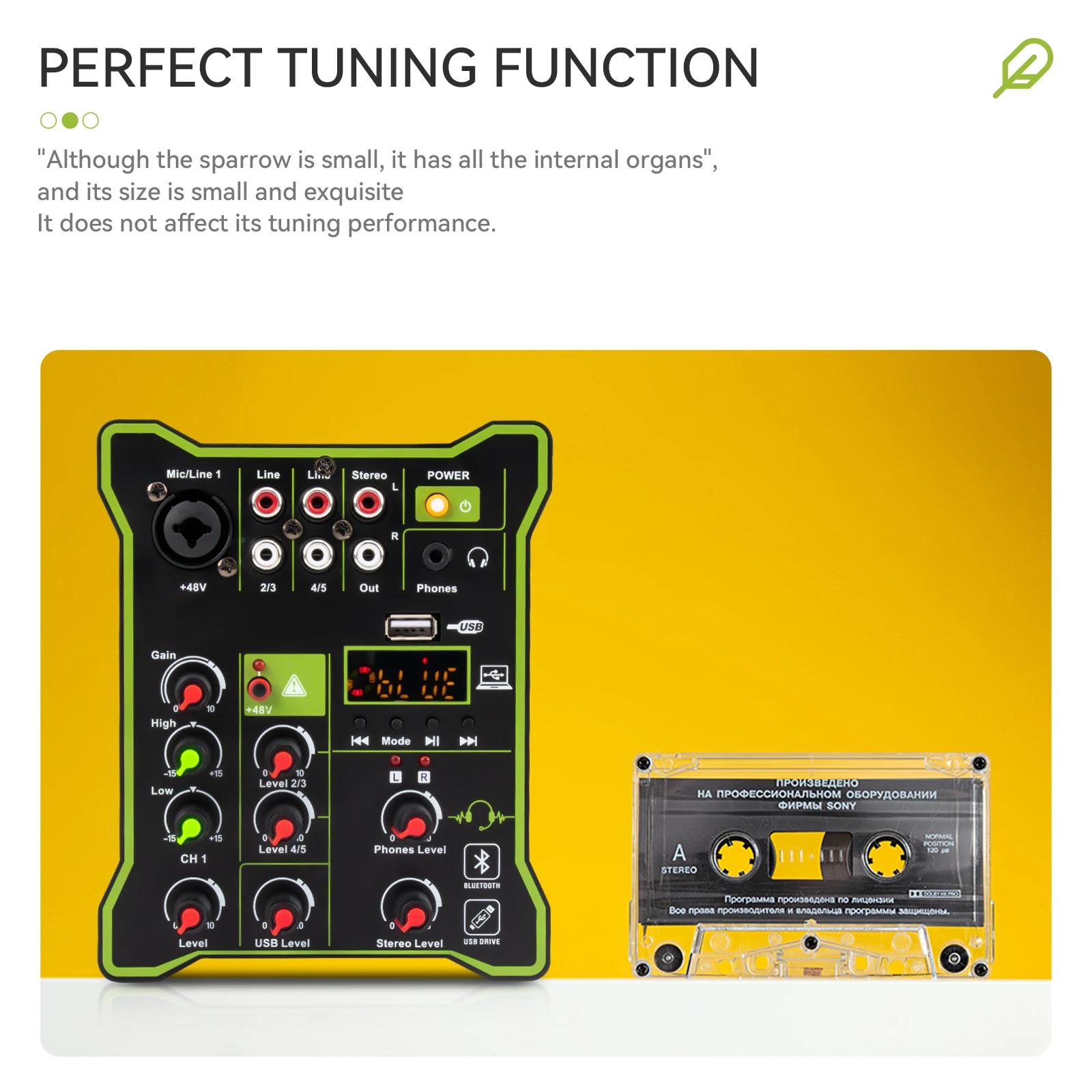 Multifunctional Small Audio Mixer DJ Mixing Console, 5 Channels, Bluetooth Compatible, USB, Computer Play Recording