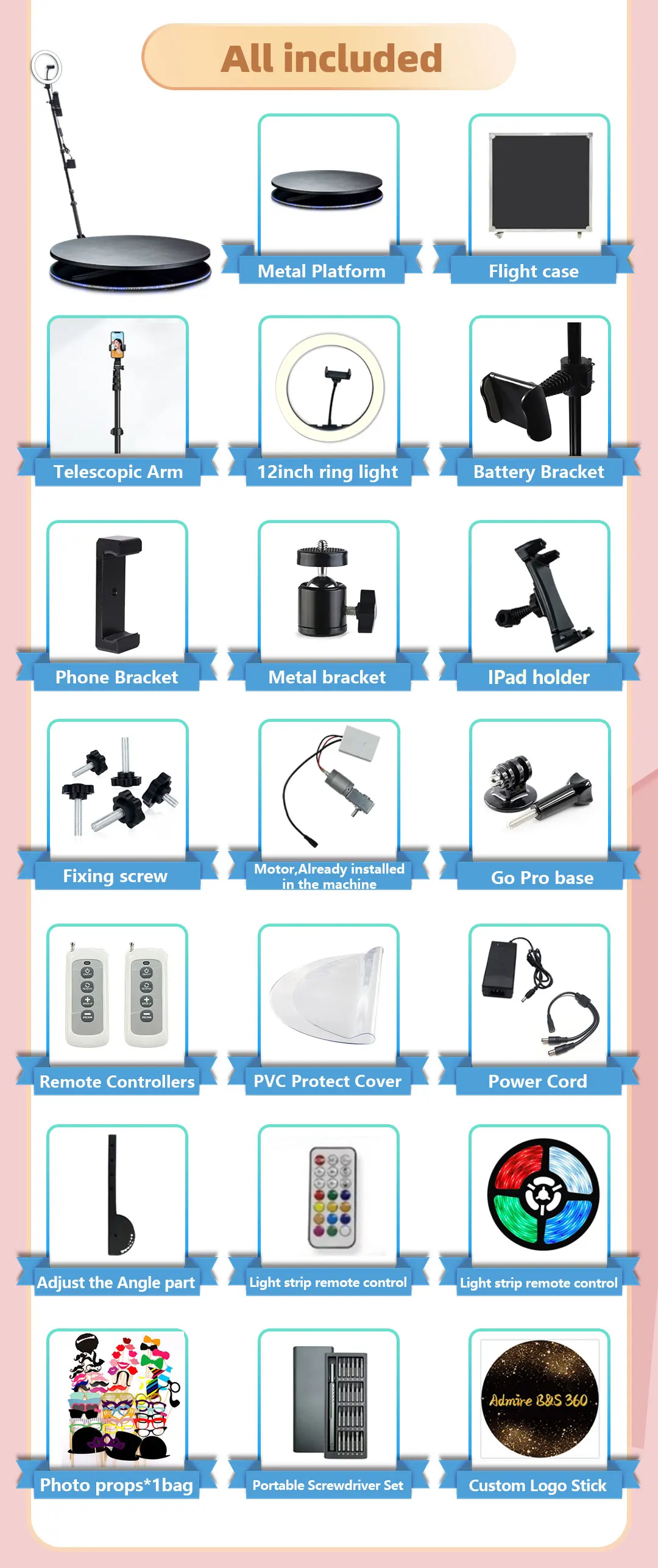 2025 New Design 360 photo booth backdrop with led lights portable 360 photo booth with ring light with logo