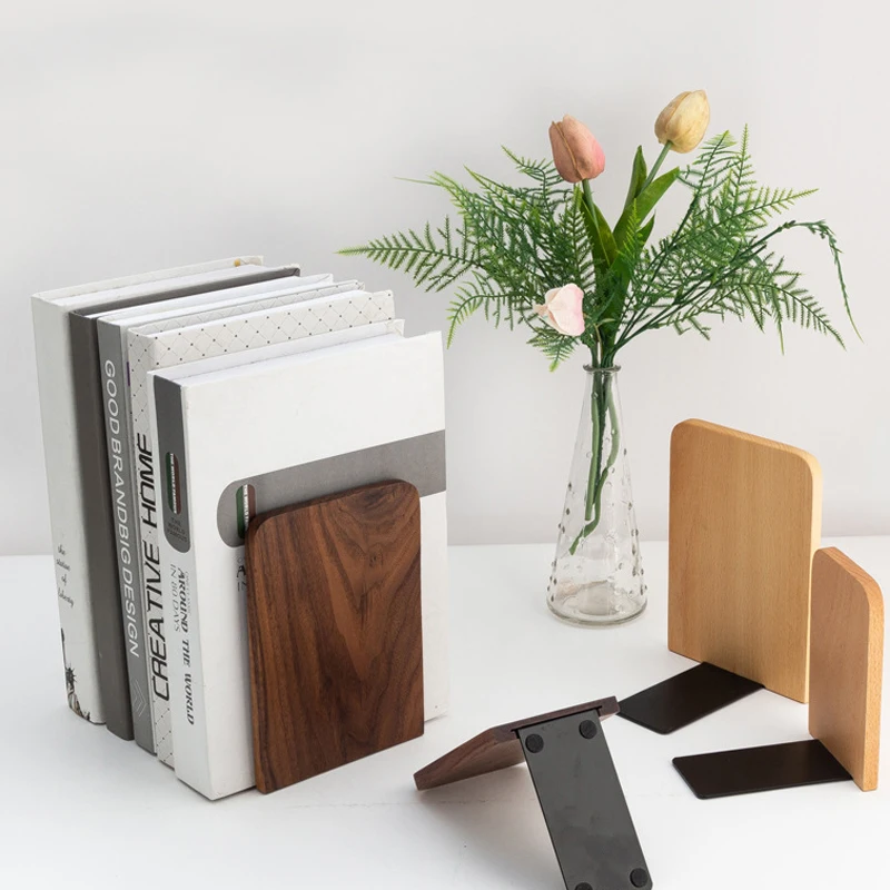 Custom Book Support Stand Bookshevable Wood and Steel Vertical Delf Wooden Bookends For Shelves