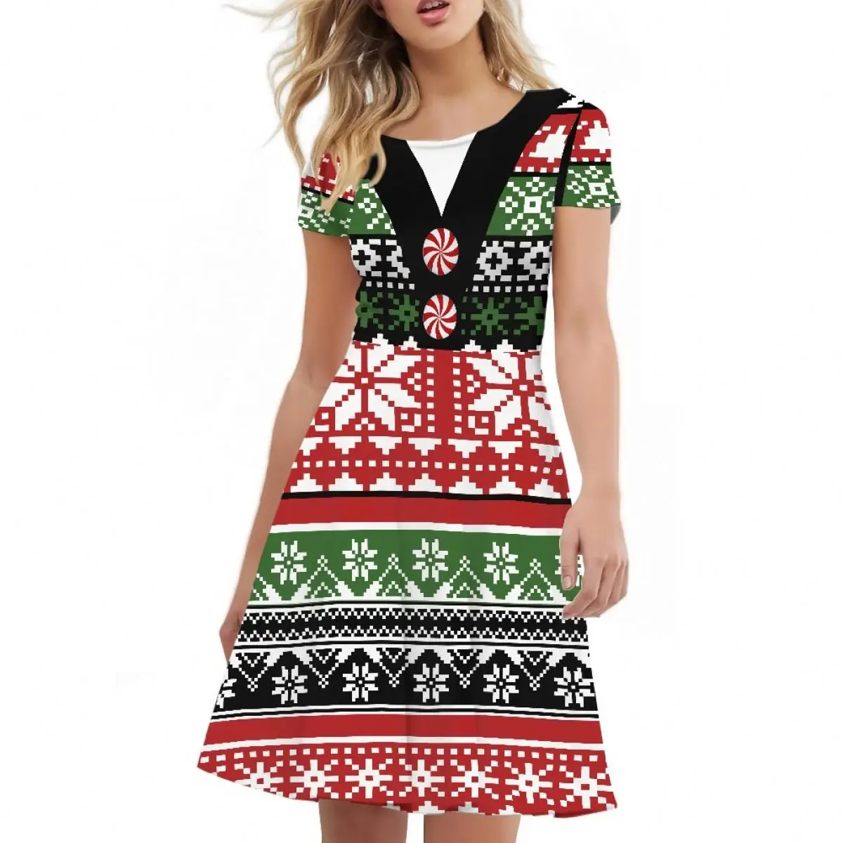 OEM Custom Design Ladies Party Frocks A-line Short Sleeve Wholesale Casual Short Dress for Women Fashion Costume Christmas Dress