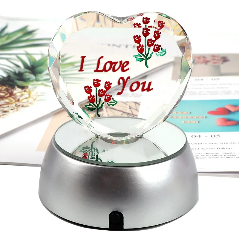 Custom Engraving Glass Heart Gifts With LED Base K9 Crystal Crafts Heart Shaped Return Gifts For Wedding Anniversary CPW-09A