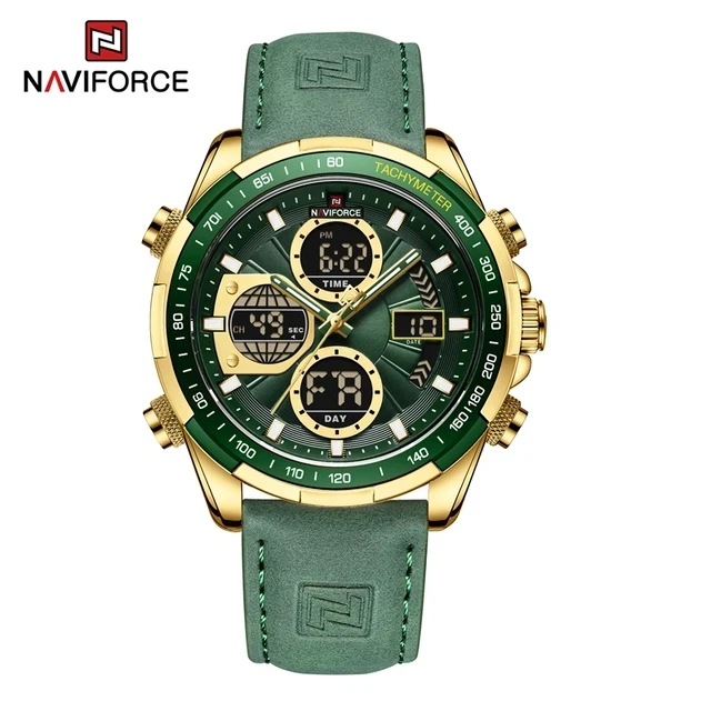NAVIFORCE 9197 Top Brand Men Watches Sport Green Leather Waterproof Watches for Men  Dual Display Clock Male Relogio