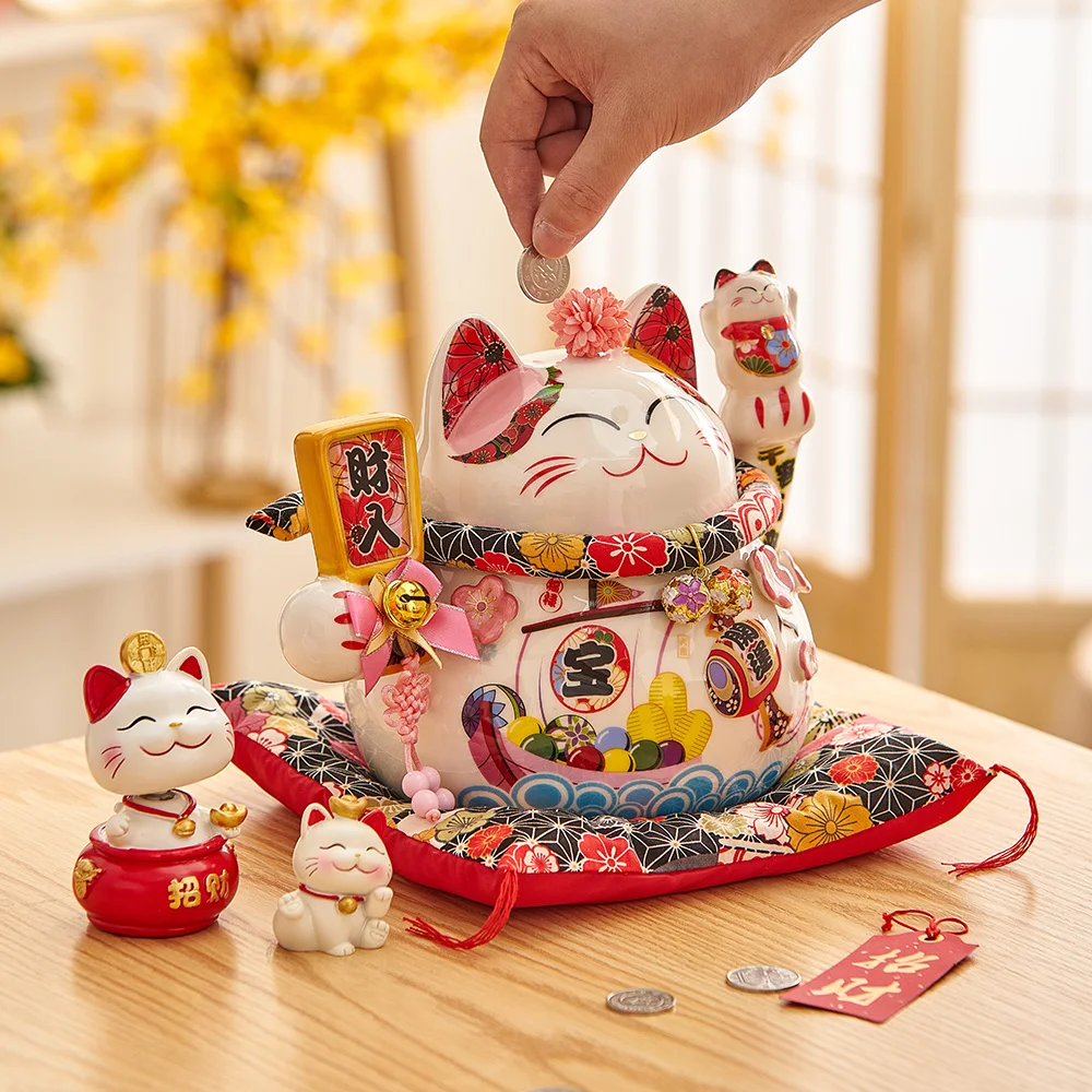 Ceramic Lucky Fortune Cat with Waving Arm Gold Feng Shui Decoration Lucky Cat for Shops, Restaurants, Living Room