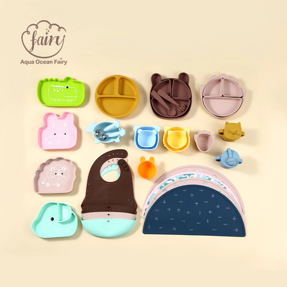 Elephant Lion Dinosaur Rabbit Animal Food Grade BPA Free Placemat Suction Plate Fork Spoon Silicone Baby Feeding Tableware Set