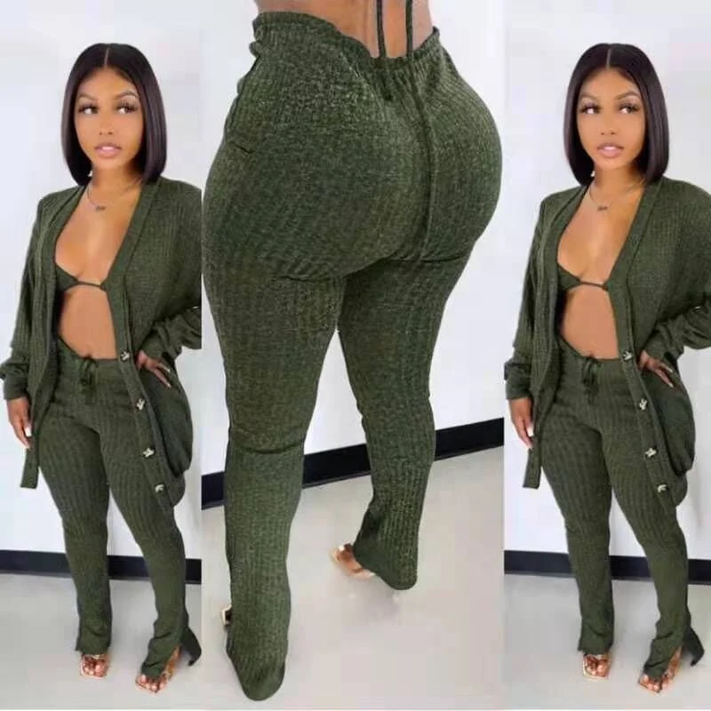 New Arrival Cardigan And Long Pants 3 Piece Set Lady 3PC Sweater Bikini And Skinny Pant Outfits Sexy Women Clothing