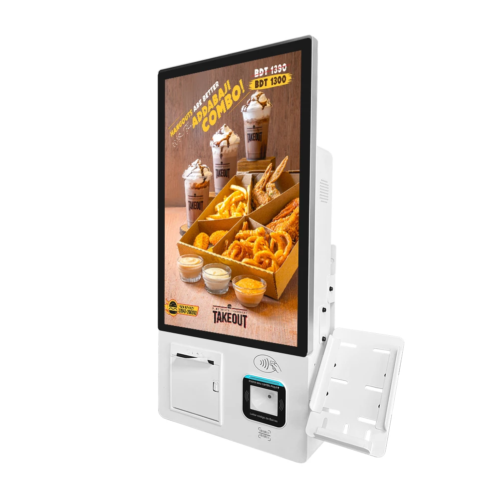 21.5' Wall-mounted Kiosk Touchscreen QR Scanner Printed POS Holder Custom Payment Kiosk Cash Acceptor Self Ordering Kiosk