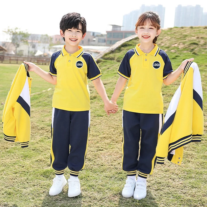 School Uniform Manufacturer Custom Printing Yellow Kids 4 Pieces Tracksuits Sportswear Uniform Designs For Primary School