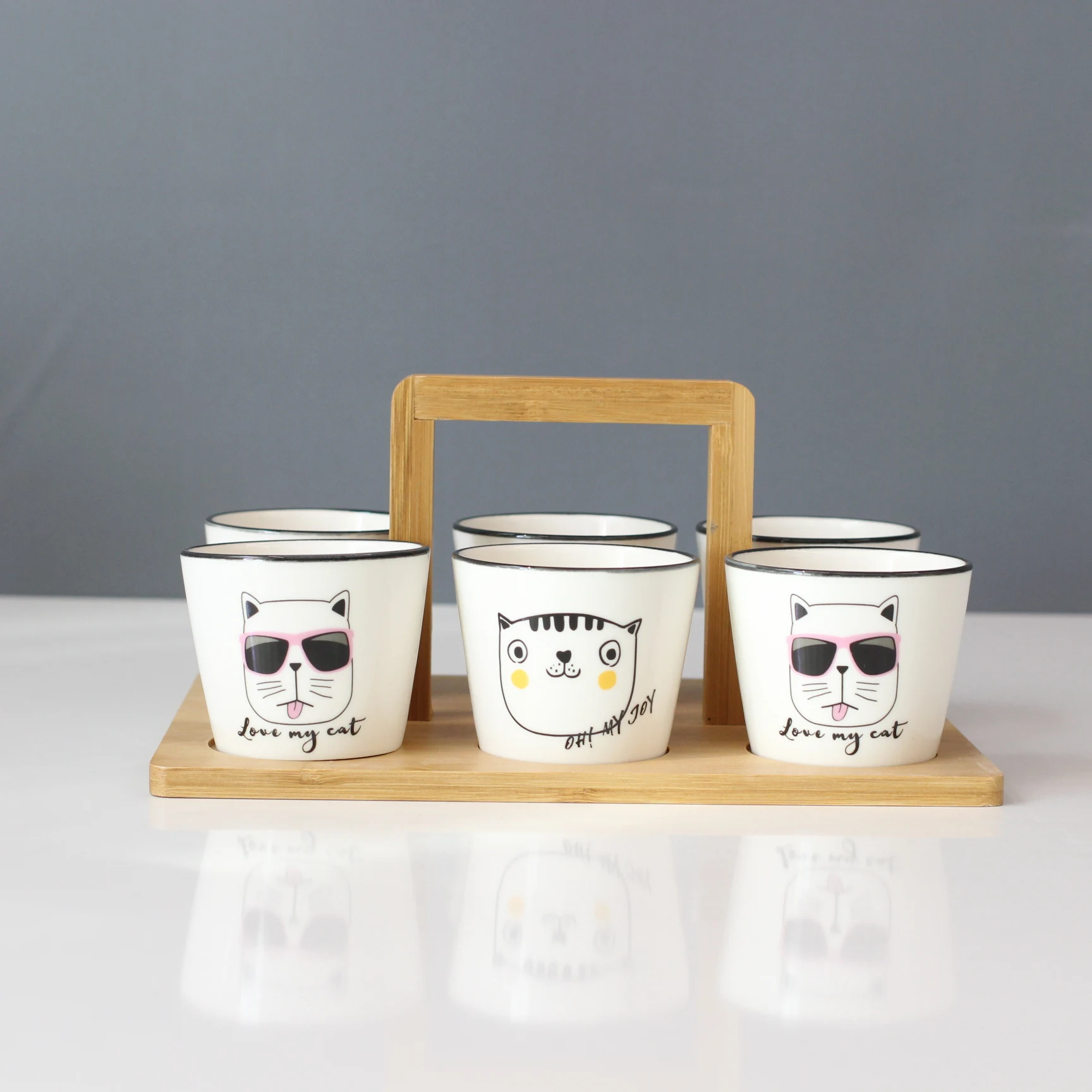  250ml wholesale white small cute ceramic mug without handle animal cat coffee cups with wooden plate for home