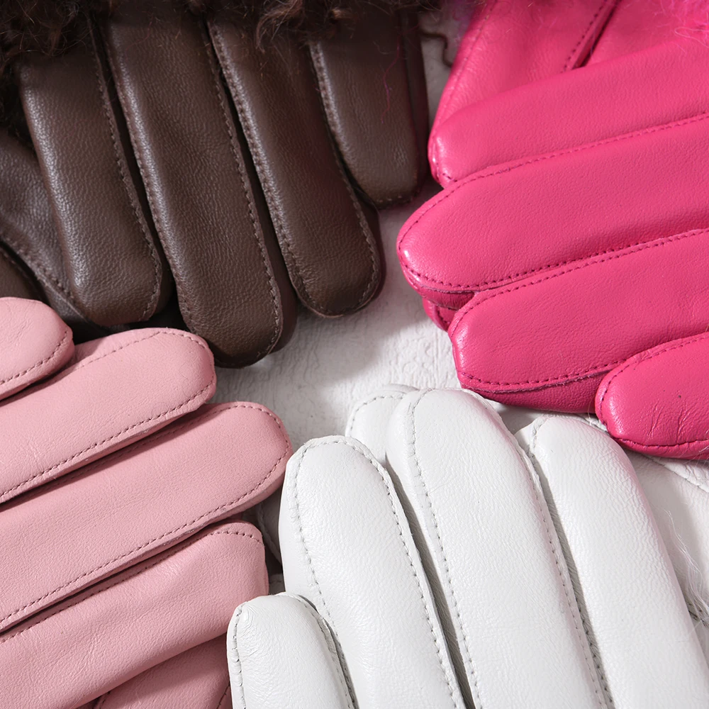 Outdoor Motorcycle Driving Wholesale Windproof Winter Genuine Sheepskin Mittens Real Lamb Fur Cuffs Women Custom Leather Gloves