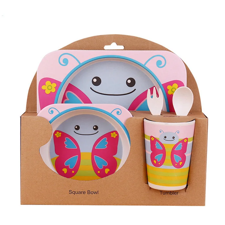 5PC Bioderadeble melamine 100% bamboo eco tableware for children