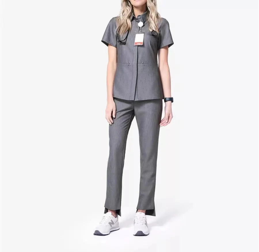 Fashionable Mandarin Collar Button Up Scrub Set Straight Stretchy Scrubs Uniforms Wholesale